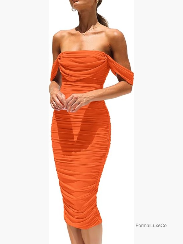 Off Shoulder Ruched Bodycon Midi Dress Summer Wedding Guest Cocktail Party